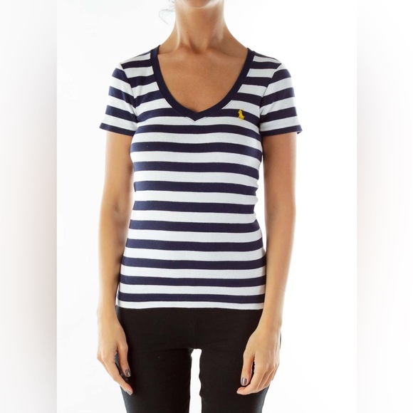 Women’s Size Small Ralph Lauren Sport Striped Polo Shirt In White/Blue/Yellow - Picture 1 of 11